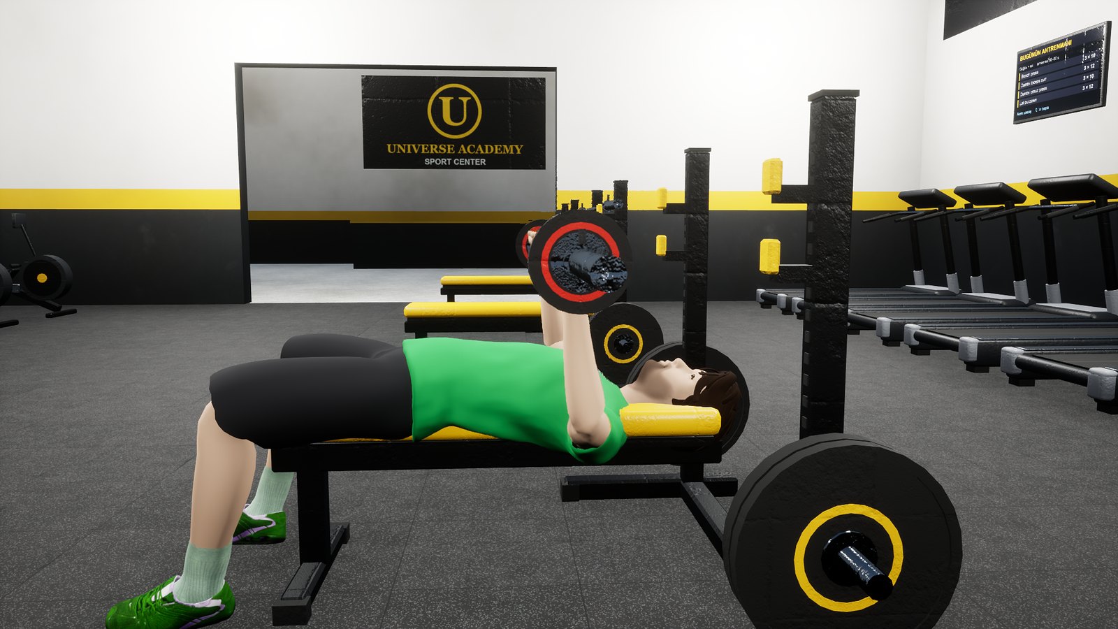 Universe Academy spor salonunda bench press; arkada salonun logosu ve koşu bantları