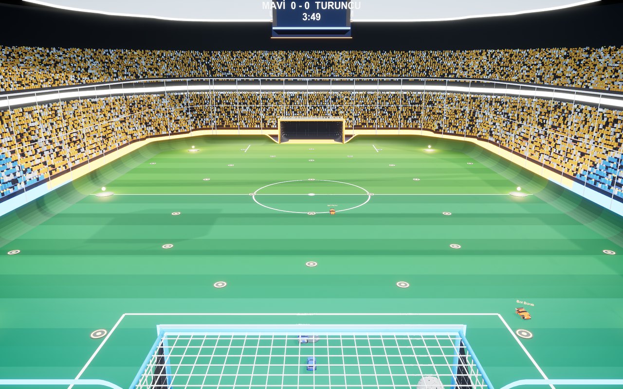 Arabalı futbol stadı: dolu tribünler, skor tabelası, iki kale