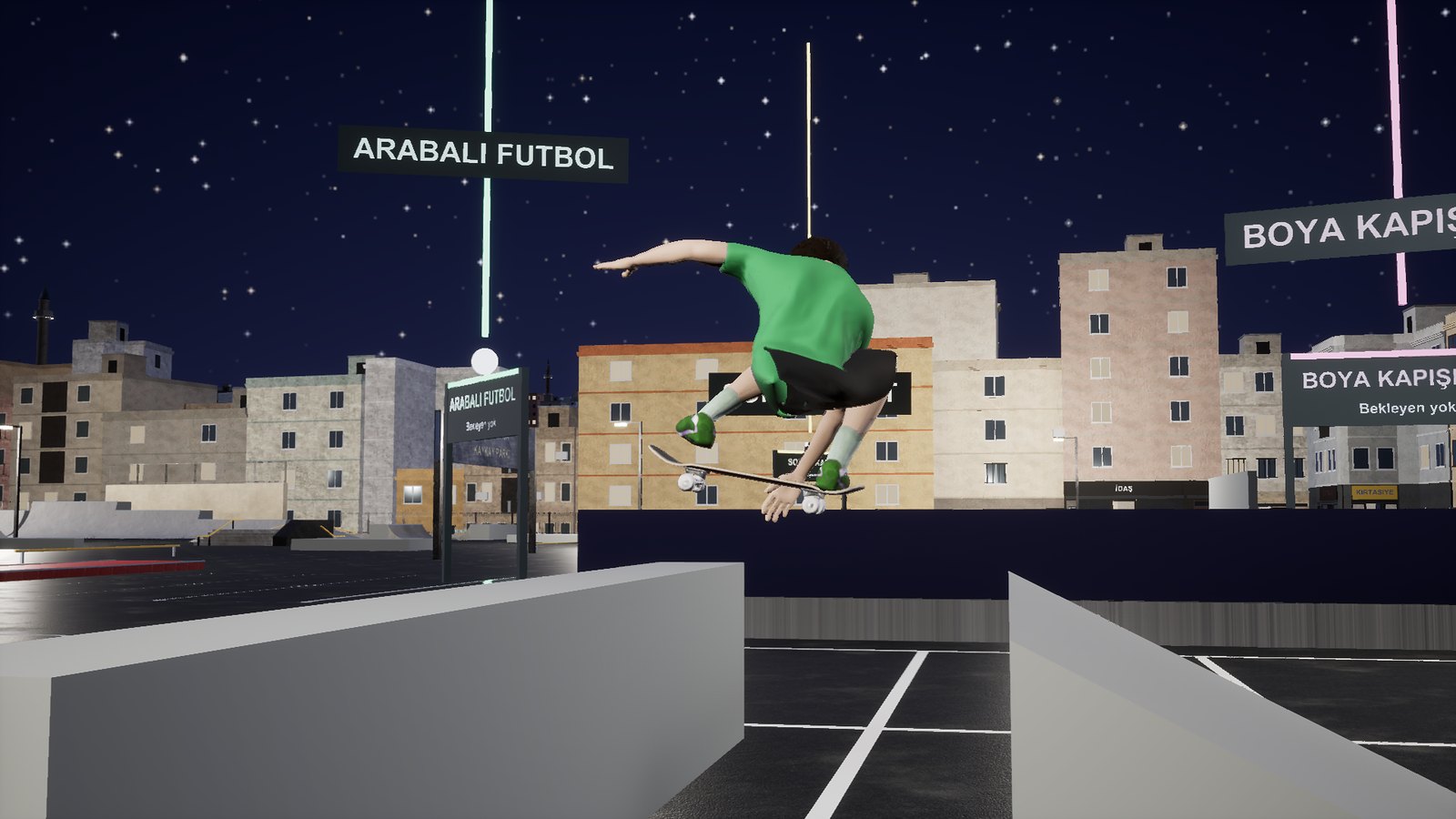 Gece kaykay parkında rampadan havalanıp grab yapan kaykaycı; arkada mini oyun tabelaları