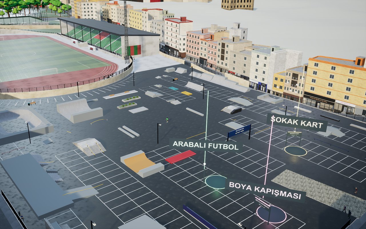 Stadyum otoparkı yukarıdan: kaykay parkı ve Arabalı Futbol, Boya Kapışması, Sokak Kart girişleri