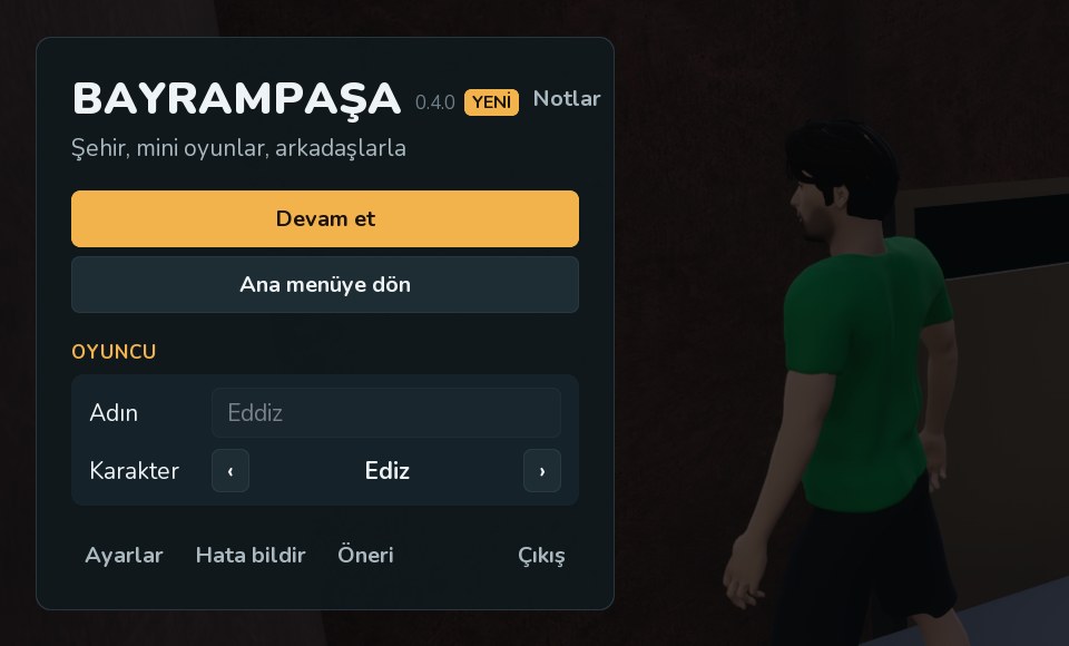 Oyun içi menü (F10): Devam et, Ana menüye dön, oyuncu adı ve karakter, Ayarlar / Hata bildir / Öneri